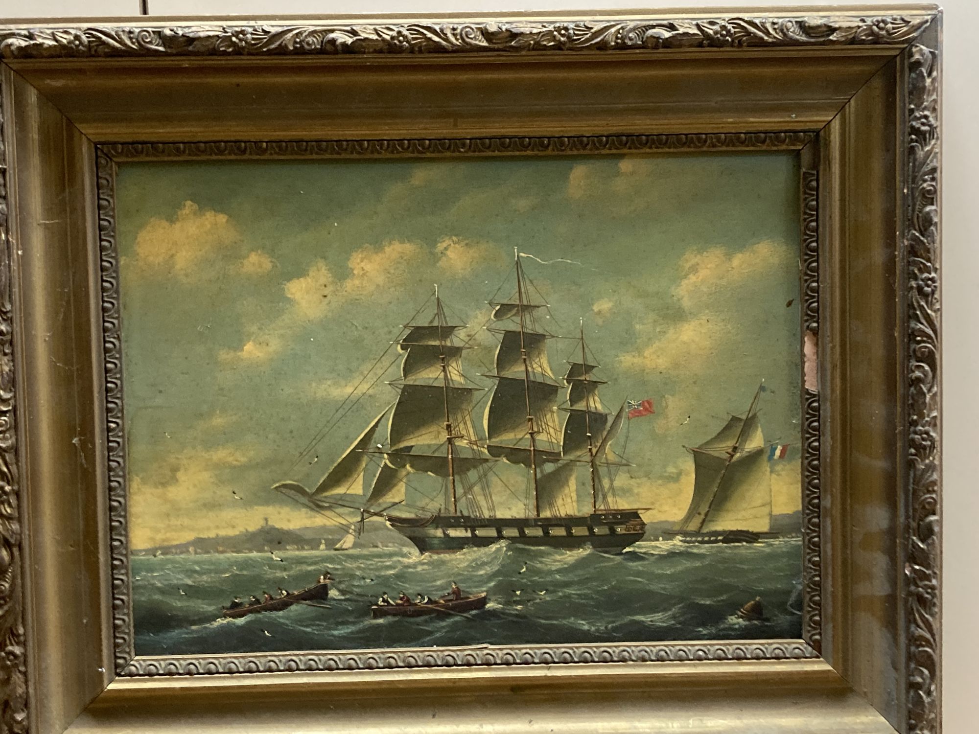 A modern oil on panel of a 19th century warship off the coast, 23 x 32cm